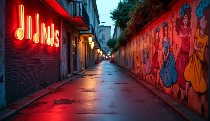 A narrow street with glowing signs shaped like music notes, vibrant murals of dancers mid-move, and a polished asphalt ground reflecting colorful graffiti on the walls. Camera at street ground view low level.