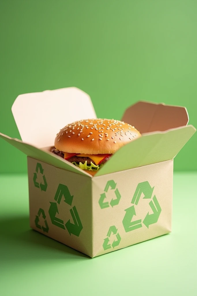 Biodegradable recycled paper package , rectangular box type with lid ,  visually pleasing ,  has green icons printed on all sides of the package , There is fast food like a hamburger inside the box . Besides,  the box has paper ends that serve to hold them...