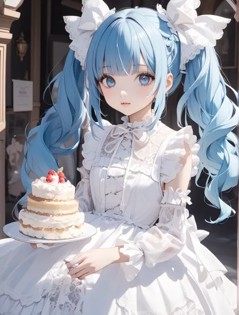 A beautiful girl with long lightblue hair, twin tails and a ribbon on her head. She is wearing a white gothic lolita outfit with lots of lace . Cute and beautiful.have cake