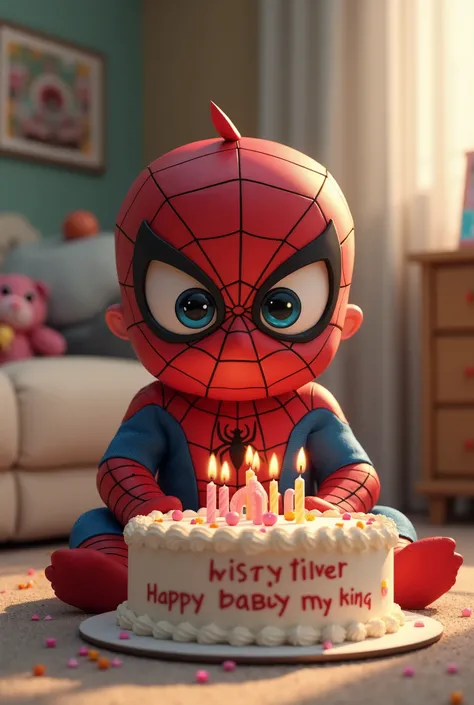  I want you to create a baby Spiderman sitting with a cake and to say on top of him, HAPPY BIRTHDAY MY KING 