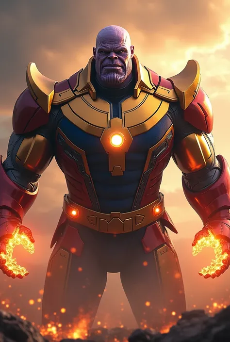 Thanos merges with Tony Starks genius, donning a massive, golden-red suit of armor powered entirely by the Infinity Stones. Arc reactors are embedded into his chest and gauntlets, pulsating with cosmic energy. His faceplate opens to reveal Thanoss menacing...