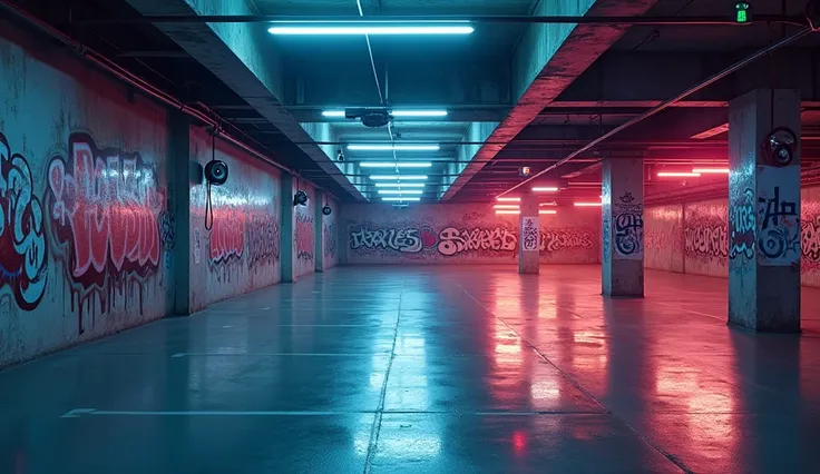 An underground parking lot transformed into a hip-hop dance arena, with graffiti on the walls, glowing strip lights, and speakers blasting music from every corner. Camera at ground view low level.