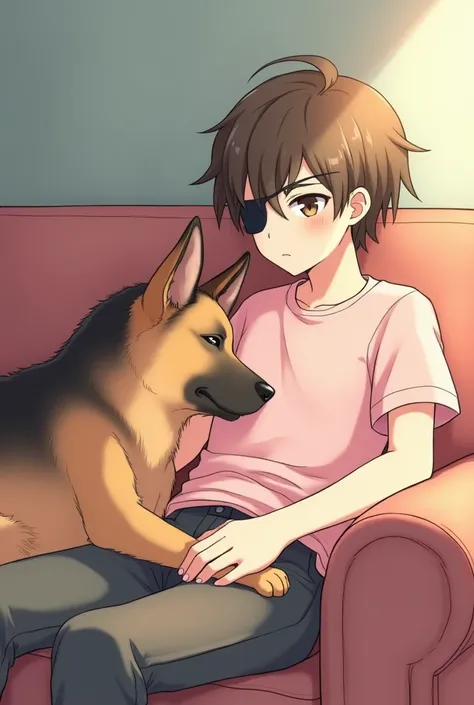 18-year-old anime boy ,  with one of his black eyes wearing a patch and pink shirt sitting on the couch sleepy,  he has a German shepherd dog lying on his legs . In the anime art style Moe ， Like a cute young and cute anime character . 