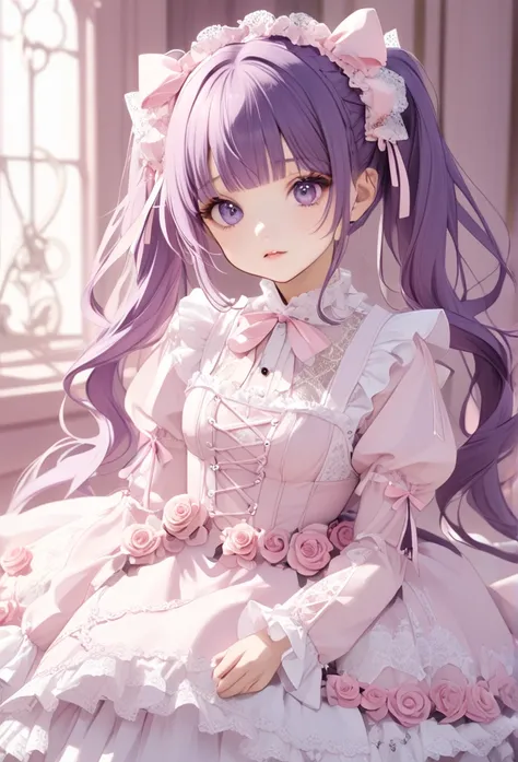 A beautiful girl with long purple hair, twin tails and a ribbon on her head. She is wearing a pink　and　white gothic lolita outfit with lots of lace . Cute and beautiful.have　cake