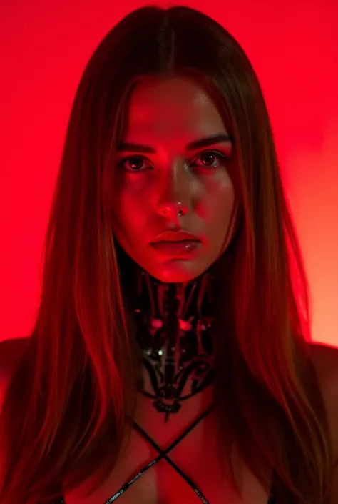 A beautiful ((evil slavic woman)), pale skin, long light brown straight hair, with robotic features as a closeup shot of the face and neck, with circuitry on her skin, clean lines, minimal details, cyberpunk, portrayed, futuristic design, red tones, profes...