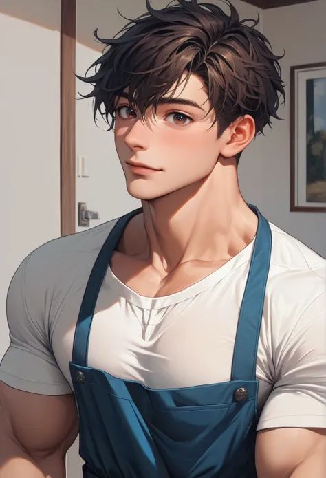 (high quality,high resolution,high detail,masterpiece:1.2), Delicate eyes and delicate face, 1 boy, cute, 18 years old, handsome face, pure and cute face, Detailed face, white T-shirt, Blue apron, cute, Male focus, muscular, muscular male, Chest muscles, b...