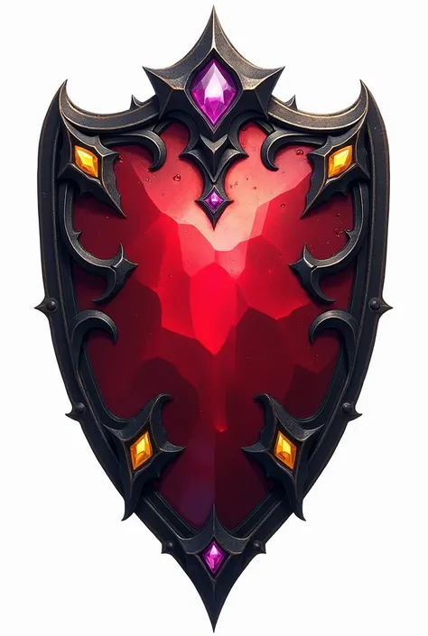 Red gemstone shield with small black metal accents, Yellow and Purple Gemstones Embedded in Shield Accents, Equipment Concept art, White background, Equipment design sheet 