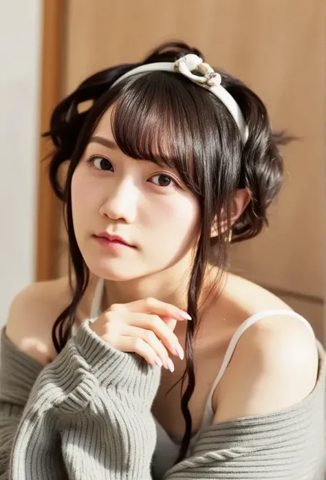 A very cute face Like an idol、Like々A 20-year-old woman with a cute face、 gentle and cute 、 kind smile、((( off-shoulder )))、(  knight )、((( lies on a futon in a Japanese-style room at a ryokan)))、(( clevis、  WHITE TOOL BELT ))、((  Full Body Portrait  ))、 RA...