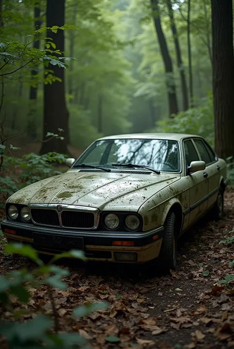 Lancia Thema executive model 2013 damaged, dirty and abandoned in a wood 