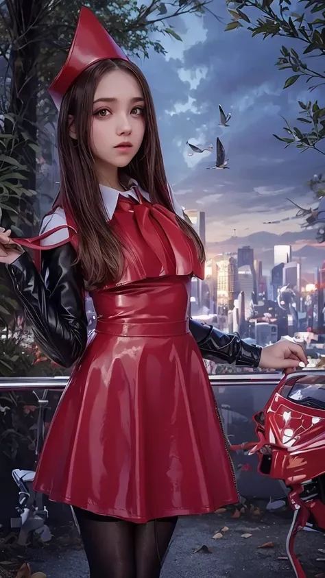  full body  , fitted figure , cute beautiful schoogirl,  beautiful cute teen face with big lips ,  High Waisted red sexy  leather skater  flutty pinafore dress,  blouse short  puffy sleeves ,  High Waisted red leather short  skater flutty dress, red tie , ...