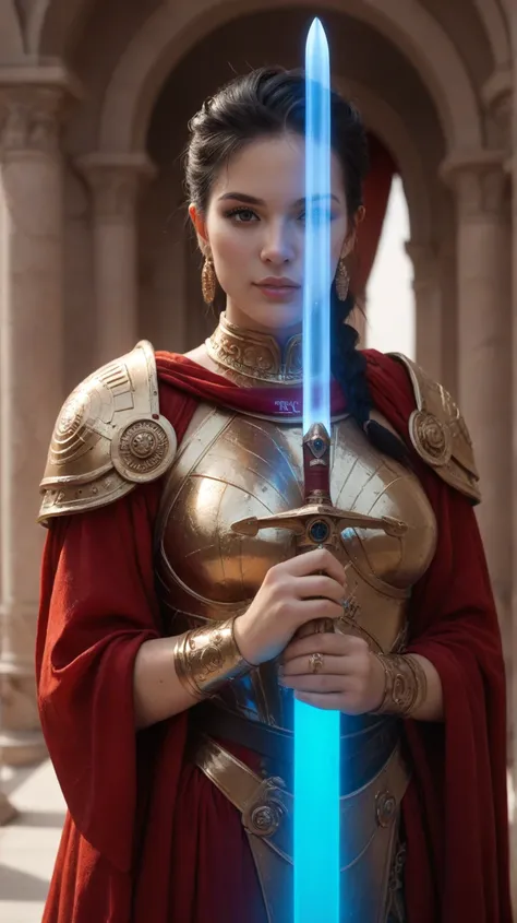 Ultra realistic image of a Roman female warrior from a futuristic planet. She has long black hair and black eyes with a bright blue light. She wears a brown red and gold outfit. The left hand holds a blue glowing sword. The setting is on Mars. Image qualit...