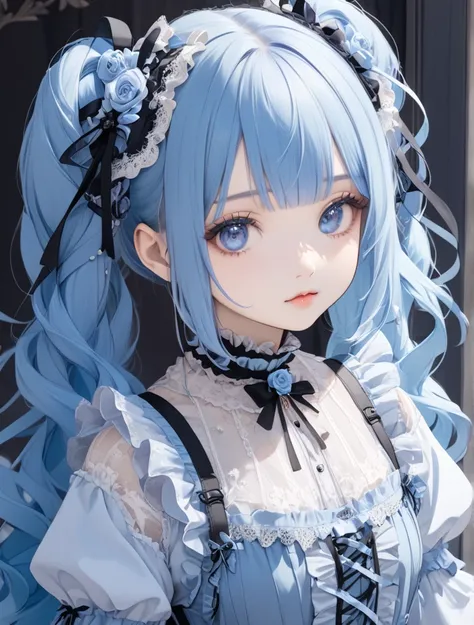 A beautiful girl with long lightblue hair, twin tails and a ribbon on her head. She is wearing a lightblue gothic lolita outfit with lots of lace . Cute and beautiful.I have teddybear