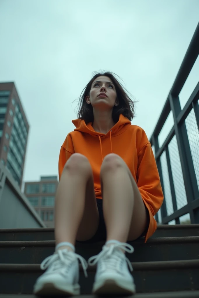 1girl,blue sky,blurry background,building,city,cloud,cloudy sky,day,depth of field,hood,hooded jacket,hoodie,jacket,side,Orange Hoodie,Looking up,Shoes close to the camera,From below,full body,lips,long sleeves,looking at viewer,motion blur,outdoors,parted...