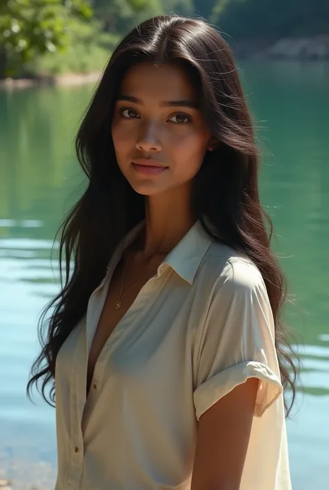 (photorealism:1.2), beautyful Indian 
girl
, standing on Lake wearing shirt,  silk hair