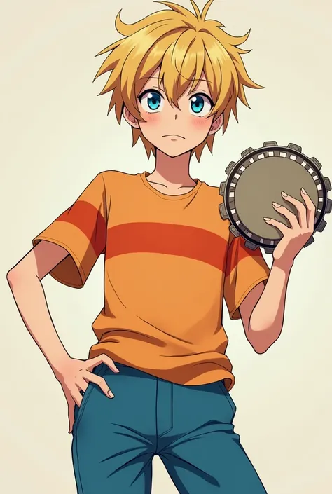 A Blonde medium emo pixie Haired Anime Boy with Blue eyes wearing a light Orange shirt with Dark Orange stripes on the shirt,blue pants, holding a tambourine on hand,half body shot