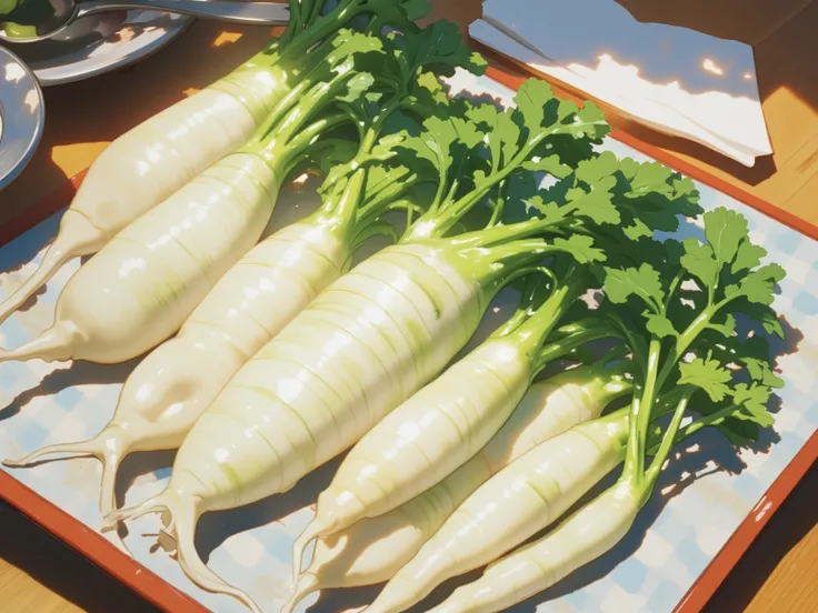 1, 可愛いJapanese white radish, 顔のあるJapanese white radish, Young leaves, Young shoots, Realistic:0.7, Japanese white radish:1.8, Thigh, Graceful Dance, safe for work, create,  ornament displayed on Hiiragigusai,  fragrance of Hiiragigusai ,  pure white sparkl...