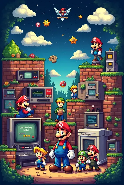 Create a related image about video games that contains characters from classic video games and with classic consoles and that below the image contains the name RICH ,  pixel art style