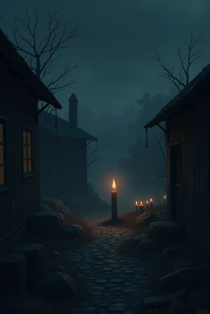 A lonely village with No lights and a single candle with fire and other candles with No fire 


