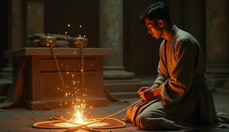 A cinematic portrayal of Hoàng, kneeling at the altar, as he offers his memory.

Hoàng: Kneeling before the altar, his hands clasped around the rope, he closes his eyes in concentration. His face is filled with a mix of pain and acceptance as he lets go of...