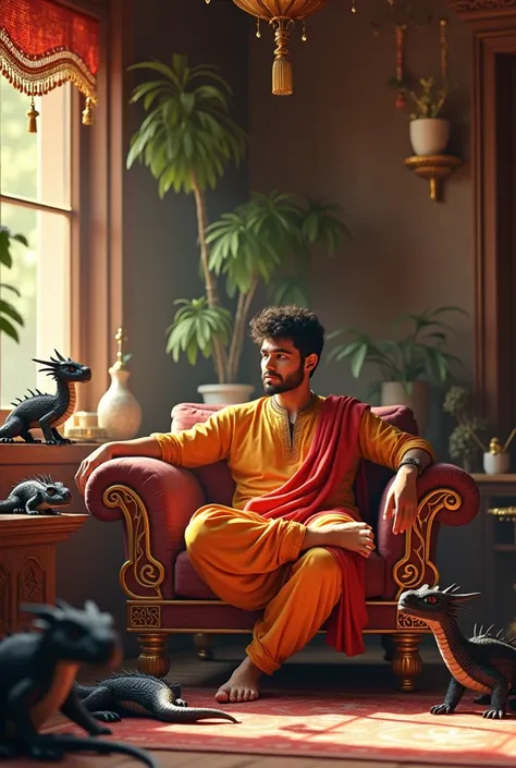 Generate an image of Indian Desi house a  25 year boy is sitting in Desi attire in Desi house on sofa, there are many little black dragons are in the living area and boy is playing with them.”