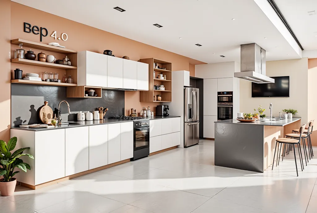 a tok composite photo of a modern kitchen posing at different angles, in the style of tok, a modern kitchen, hold a sign with te...