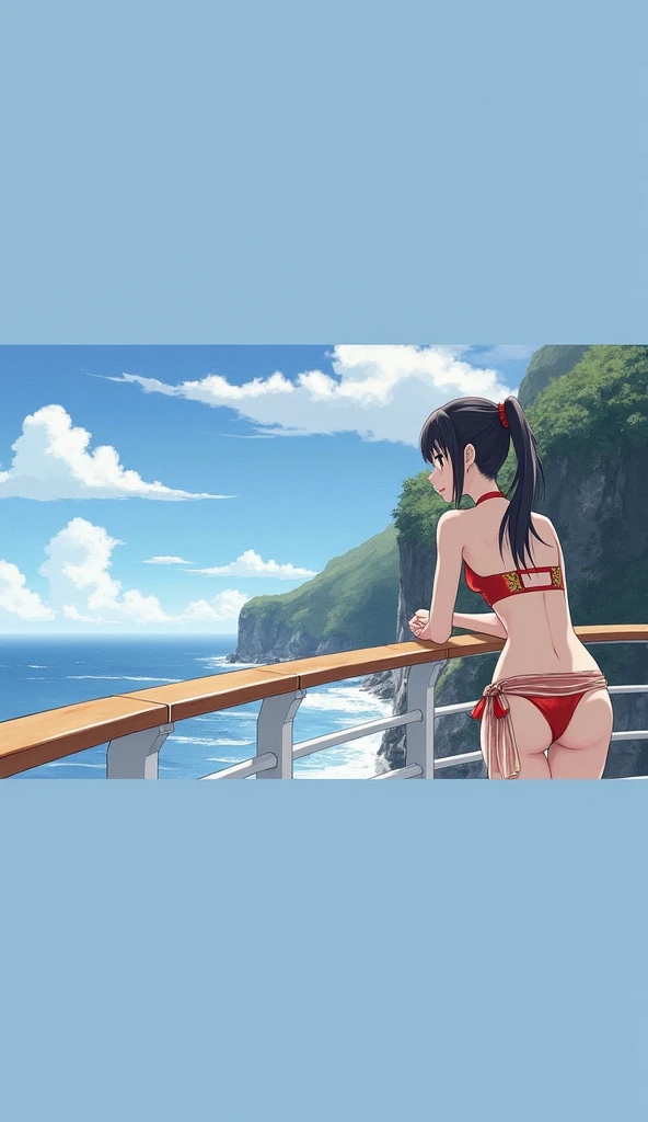  Add to the photo a Japanese teenager with generous breasts and wide hips,  with a passion red bikini with gold details , the hair tied in a ponytail ,  a transparent silk sarong at her waist covers her hips ,  the girl is leaning on the railing looking lo...