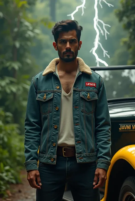  a Javanese man wearing a Levis jacket shirt , has power inside  , special light effect  ,and lightning , background is forest and yellow chevrolet car black line