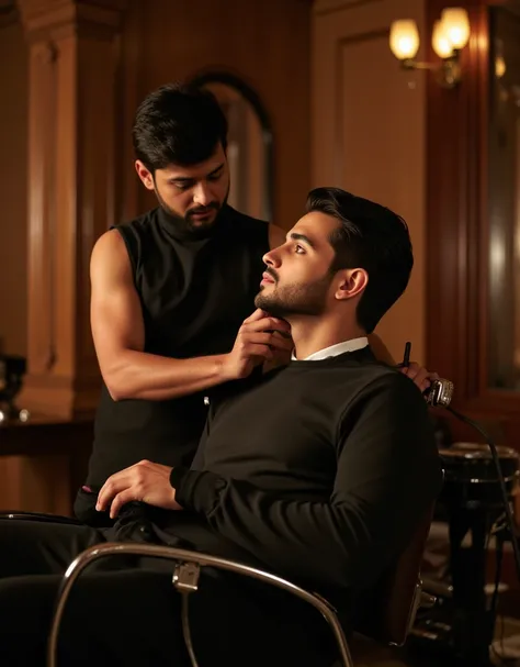 There are two handsome indian men present, one man is sitting at a salon to shave his beard,and other man is the barber, they are looking at each other lovingly while the barber is shaving his beard, romantic setting, cinematic lighting, masterpiece 