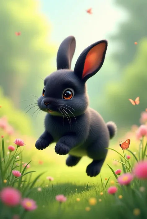 Cute little black bunny jummping in the meadow 
3d pixa