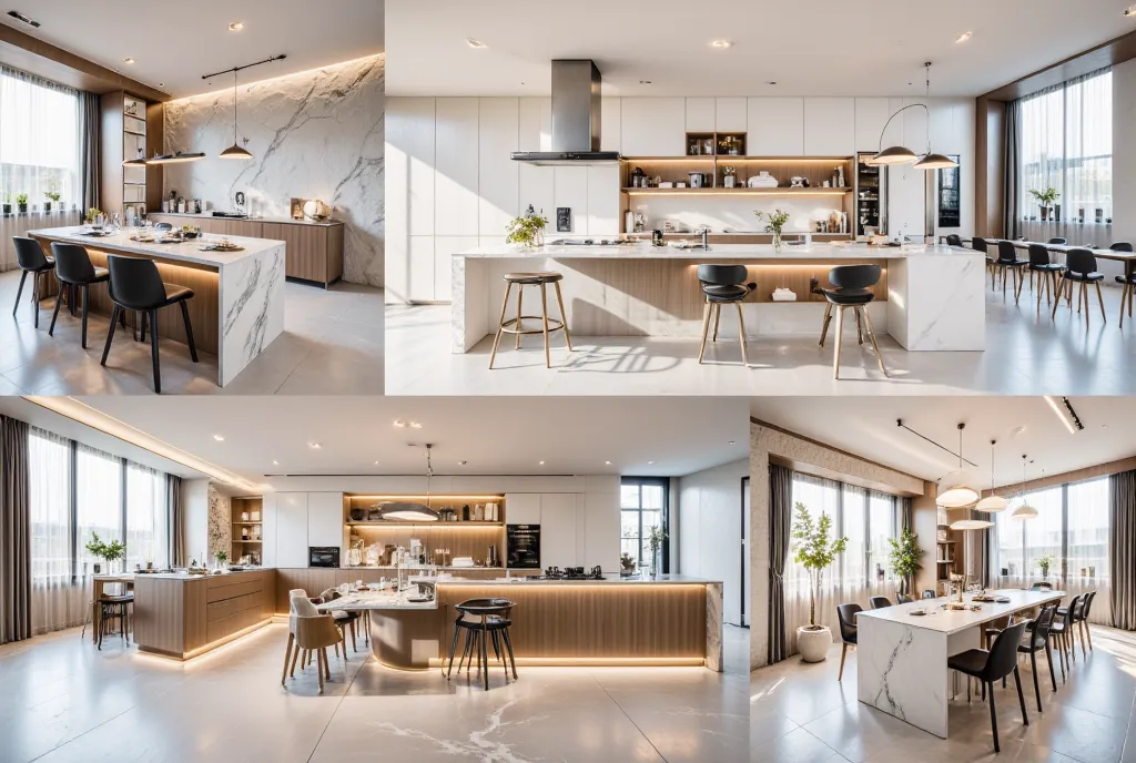 a tok composite photo of a modern kitchen posing at different angles, in the style of tok, a modern kitchen, hold a sign with te...