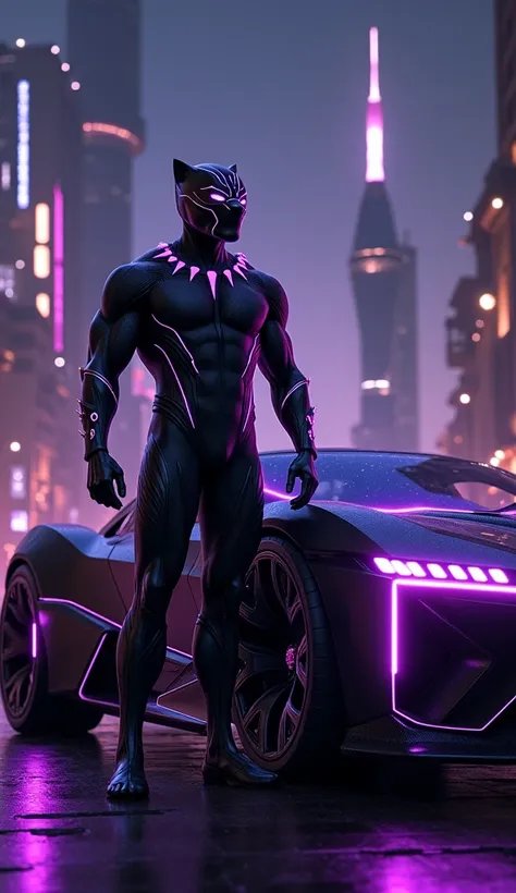 Black Panther standing beside a sleek black car with glowing purple vibranium accents, panther-inspired grille. Futuristic Wakandan city in the background under a starry sky. Black Panther in his suit, regal pose, glowing accents, powerful and elegant, hig...