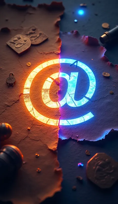 A vibrant YouTube thumbnail featuring a split timeline concept. The left side shows an ancient parchment with the @ symbol written in old ink, surrounded by a quill pen and old coins, representing the 1500s. The right side features a glowing neon modern em...