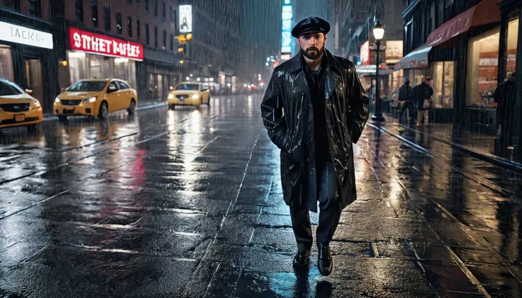  Create a hyper-realistic image of a man running through the rain at night in New York City. The scene should capture the nighttime atmosphere with wet streets reflecting the lights from streetlamps, neon signs, and car headlights. The man should be wearin...