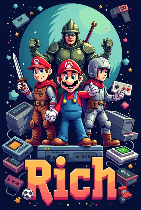 Create a related image about video games that contains characters from classic video games and with classic consoles and that below the image contains the name RICH , pixel art style in banner format