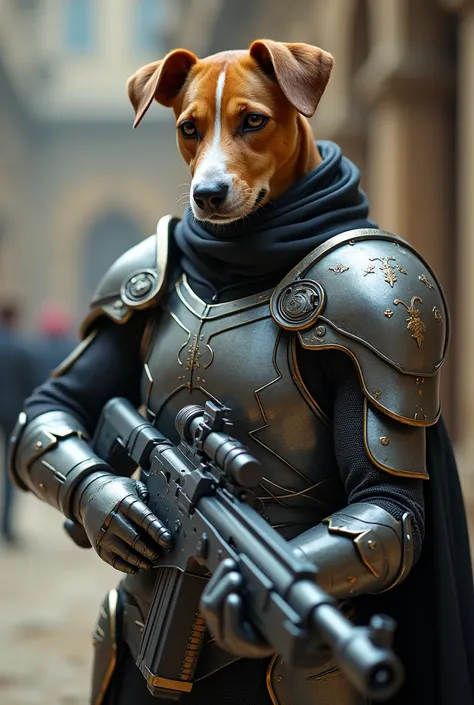 I want a super hero in futuristic medieval armor with the head of a light brown Jack Razzel dog breed with a white spot on the ozico and droopy ears y que lleve en las manos un fusil futurista 