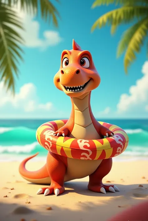 A good-natured male dinosaur who really likes food with a tube around his waist when he goes to the beach in an animated picture