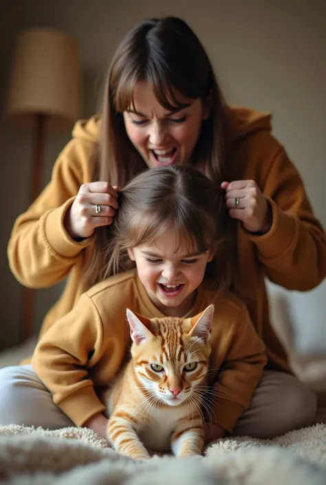 Generate a realistic photo of a girl playing with a cat and her mom pulling her hair from the back with anger.