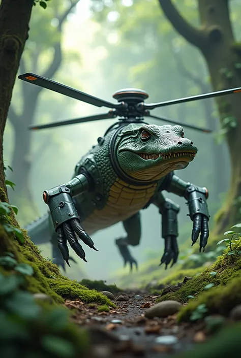 Create crocodile to helicopter mix up 3d animation image in forest 