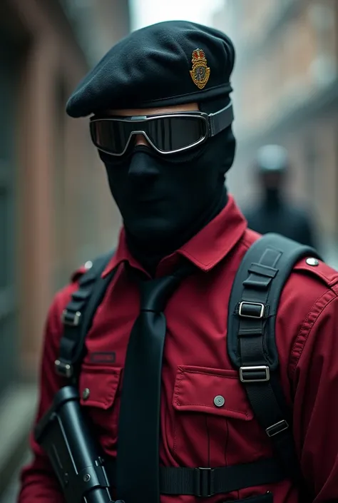  it generates a tactical operator , Does he have a uniform,  with black tie , In addition to a balaclava .  the uniform is dark red .  it also has a black beret and has some gogles. 