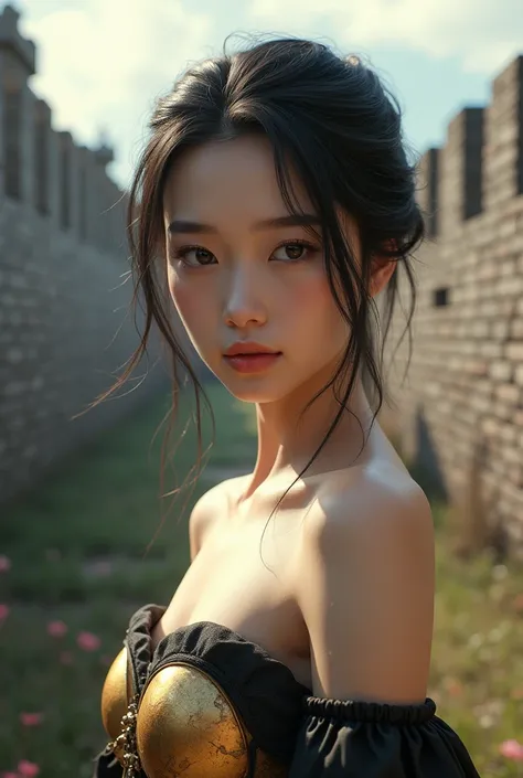 ((( 1 girl)))  on a surrealistic 、 Beautiful Asian girl photo with rich details，  in the photo is in the background of the city wall , Full body photo，Volumetric Lighting， shiny golden armor  ,Smooth Shoulders ，The girl in a bandeau ，  Shawl Short Black Ha...