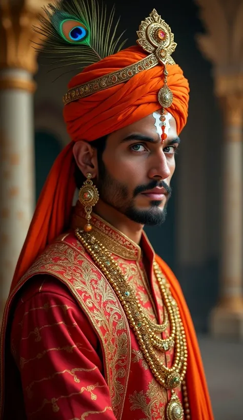 A half-body portrait of a handsome prince of India, inspired by Hindu aesthetics and mythology, wearing an orange turban adorned with a single peacock feather. The prince has white tone skin, slightly blue eyes, and a soft yet masculine appearance. His for...