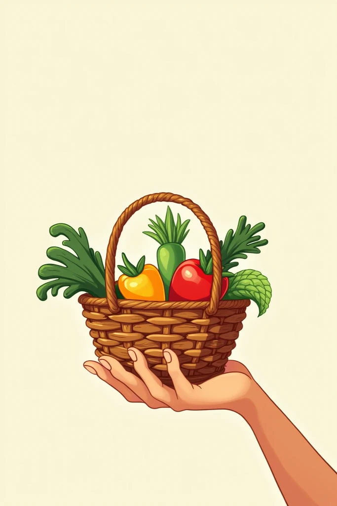 A cartoon picture of a hand holding a vegetable basket in his hand and the hand being under the basket, and the color of the basket being brown.