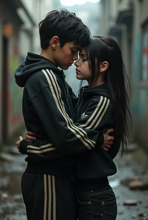 Boy, who looks like a gopnik in an adidas suit and an emo girl. hugging