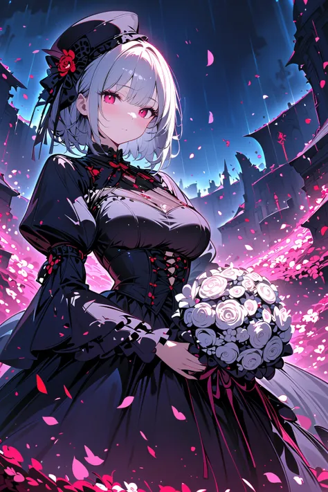 1girl,,face not visible,black Gothic dress,black hat,white bouquet,(holding white bouquet),standing,front,(black petals flying in profusion),Rain of petals,many petals,innumerable petals,large quantity of petals,night,dark fantasy,cursed graveyard backgrou...