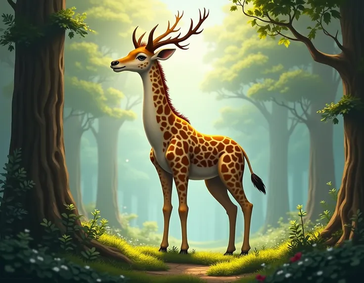 fantasy creature hibrid between giraffe and deer, giraffe deer hibrid, mix between giraffe and deer, big deer horns