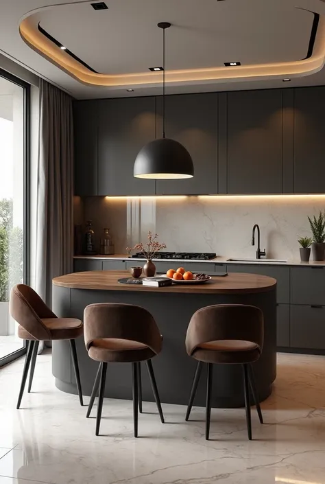 Professional 3d architecture perspective  rendering design of modern and minimal and high tech design for  elegant  and  luxurious  kitchen  with habbor grey   circular cabinets  and elegant velvet dark brown 3 chairs and  black  wooden for island’s surfac...