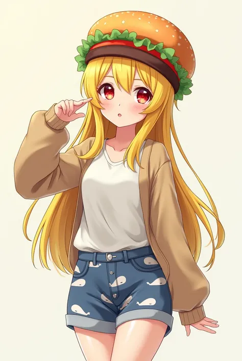   yellow long hair ,   red eyes,   hamburger-shaped hat,  Long sleeves , shorts, Whale pattern  , 20s, female,  anime 