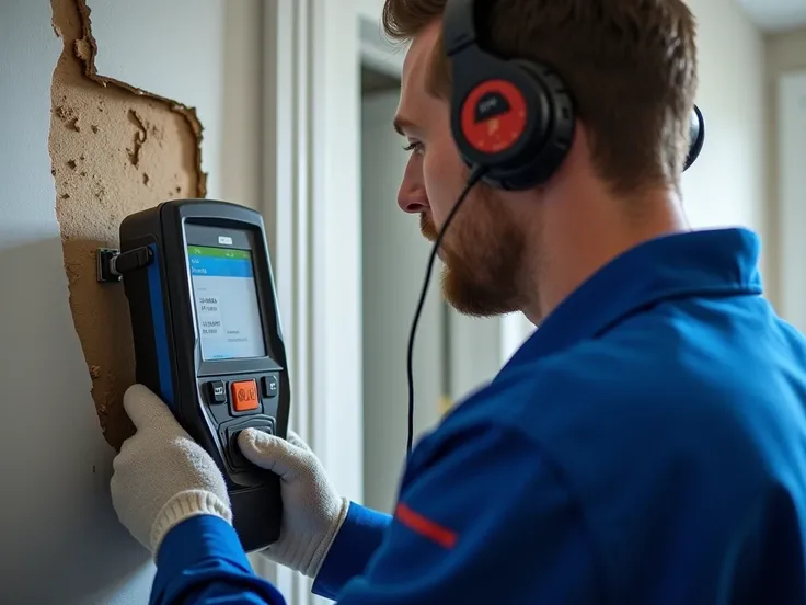 A high-resolution image showing a plumber using an advanced leak detection device on a wall. The device has a digital display and is connected to headphones. The plumber is wearing a blue uniform and protective gloves, with a focused expression. The backgr...