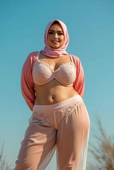 HIJAB WHITE, ((SEMOK MONTOK EKSIB)), tangan di belakang punggung.  (Hijab:1.17), (1 Beautiful Fat Girl:1.54), Fat Indonesian Woman 、wearing a Oversized Bra 、WIDE THIGHS 280cm, PEHA SANGAT BESAR LEBAR,  (Wearing peach lace stockings Transparent PALAZZO & hi...