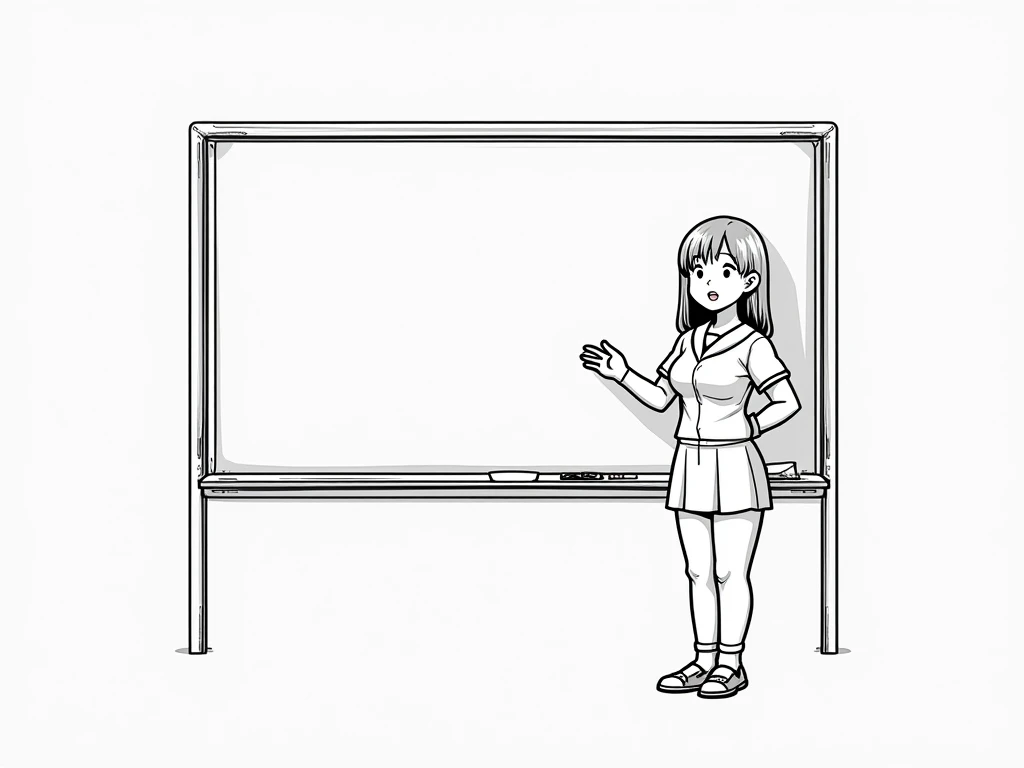 A female teacher is standing in front of the blackboard and talking . Standing at the right end of the board and presenting. The female teacher is an adult woman and has big breasts .  There is nothing in the picture other than the teacher and the blackboa...